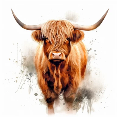 Capture the charm and beauty of a Highland Cow in a watercolor clipart, highlighting its full body character in a close-up view that showcases its distinct features and textured coat with incredible precision and Very High Quality image resolution