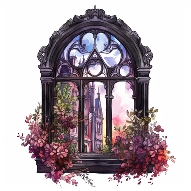 a gothic victorian window, overgrown with very big flowers beautifully designed, clear view on a victorian city, in the style of dark intense colors, watercolor, clipart, white background