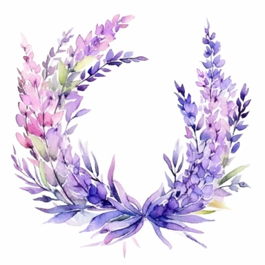 Lavender, Watercolor Clipart, Circular Wreath Arrangement, White Background, High Definition, Outlined, Shiny, Neon Lights
