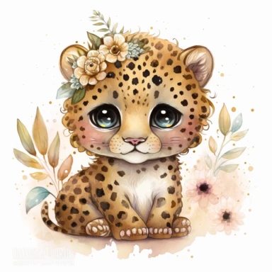 watercolor baby Leopard clipart, flower head, Nursery Art, Nursery Decor, dreamy eyes, magical, high rendering, central focus, scenic background, intricate details, kawaii chibi, Soft light golden, Cinematic feel, zebra, white background, without background, big eye, big smilling