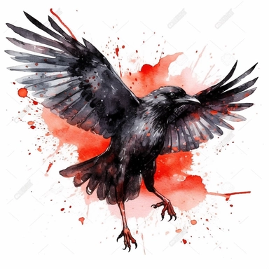 Mhytologic style beautiful impressive black brightly feathered crow with watercolor effect,suitable for digital clipart,white background,many red and black twinkles,celtic mhytology scene,warrior style,hero style