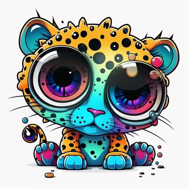 cute leopard illustration with googly eyes, in the style of a childrens book illustration, graffiti, clipart, clear visible black edges, white background, harmonic colorful