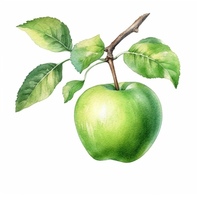 watercolor green apple hanging from a tree clipart, white background, realistic with high details, beautifully colored with strong palette pastel colors, 32k hd. detailed quality