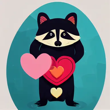 cartoon funny style a valentine day badass raccoon holding flowers, a lot of details, edges, bright color, black outline clipart, 8k