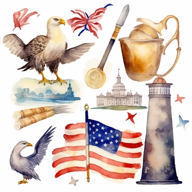 american theme clipart, independence day, in the style of dreamy watercolor scenes, detailed miniatures, free brushwork, pictorial fabrics, pattern, founding fathers sticker art style, patriotic american colors, white backround