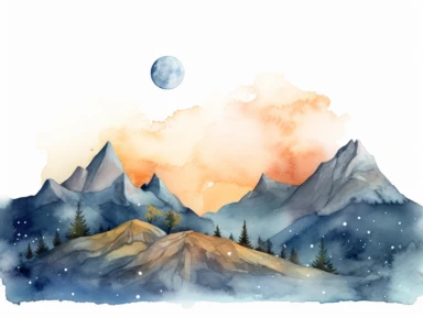 Simple mountain range with Whimsical rolling hills and mountains for a children's book, night scene, watercolor, clipart, white background,