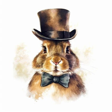 Cuddly Bunny Clipart wearing a stylish bow tie and top hat ready for a magic show in the style of oil painting, on a white background