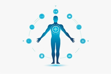 flat illustration of a man standing with medical measurements floating around his body, happy, AI, science, tech, biofeedback, feedback loop, in the style of minimalist illustrator, prussian blue and steel blue, white background, uhd image, flat brushwork, website, editorial illustrations, fluid form, speedpainting, fun stock illustrations, futuristic shapes, irregular curvilinear forms, charming character illustration, uniformly staged images, object-oriented, dynamic spatial relationships, vib
