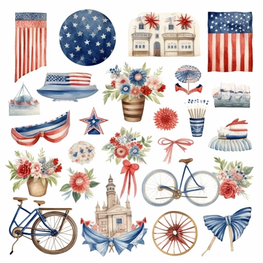 watercolor 4th of july patriotic decorations, illustrations clipart set, simple, , cartoon elements , bunting, ribbon elements, door wreaths, different variants , separate elements with a margin