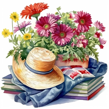 Colorful watercolor clipart garden scene with important vegetation, among the vegetation a composition of a beautiful wide-brimmed female hat, a bouquet of colorful gerberas tied with a ribbon, an open book, all on a blanket, detailed, realistic, high definition, delicate shadows, white background