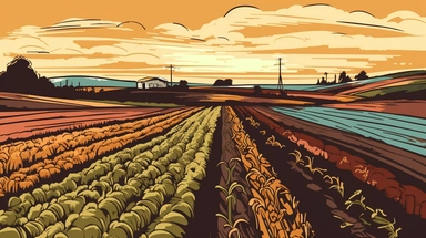 in clipart style, pen and ink, minimalist, in the style of Eric Carle, You find yourself standing in the middle of a vast, sun-drenched farm. All around you, fields stretch as far as the eye can see, each one bursting with crops ready for harvest. The air is filled with the sweet, earthy scent of freshly tilled soil and the sound of birds chirping in the trees overhead.