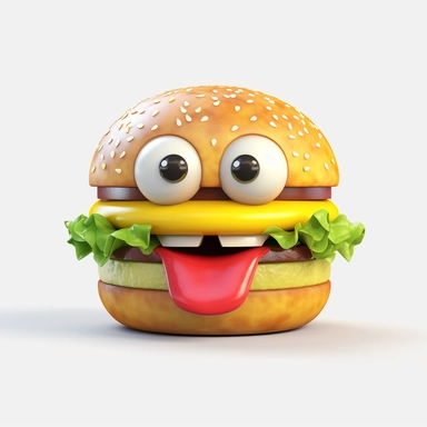 cute hamburger character. hamburger, cheeseburger, cartoon, eye, illustration, funny, character, fast food, food, unhealthy, cute, face, fun, goofy, three-dimensional , Clipart, white isolated background, space out, hd, 8k, realistic