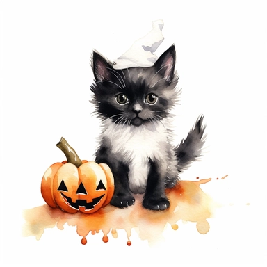 Clipart, watercolor, white background: A Halloween kitten with a playful expression and a tiny black bat perched on its paw, creating a delightful combination of cuteness and spookiness.