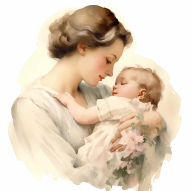 beautiful detailed watercolor of mother with newborn infant, old fashioned, 1930's, idealistic, white, clean, clipart