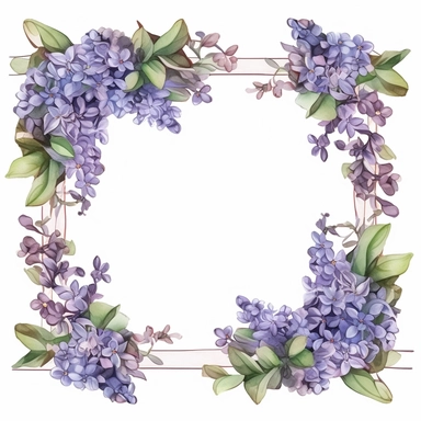 Lilac Border: A decorative border clipart with lilac blossoms and leaves adorning the corners, using a color scheme of lilac, dusty blue, and ivory, Watercolor, Detailed, sweet, majestic, high resolition, transparent background, no captions