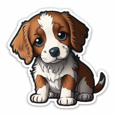 Sticker, cartoon of mutt mixed puppy, cute, funny, clipart style, vector style, character by Cory Loftis, white background