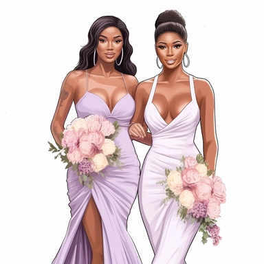 clipart, ultra realistic, hand drawn, 2 Bridesmaids facing right , both with beautiful bright smiles to celebrate the bride, wearing the color lavender, carring bouques of summer florals, Full body. Clothing line, retail fashion, 2023, fashionnova, African american, mid sized models. Highly detailed. very attractive, glamorous, make up beautiful, gorgeous, glowing make - up. full body and heels. multiple outfits. individually spaced far apart. stunning hasina parker illustration, boss lady, clea