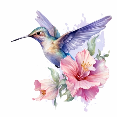 Pastel Cute Beautiful Fairy Hummingbird Flower Watercolor Clipart,Cartoon,hyper realistic, intricate detail, illustration style,high solution,on the white background