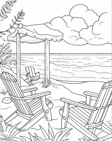Adult Coloring Book Featuring Fun and Relaxing Beach Vacation Scenes, Peaceful Ocean Landscapes and Beautiful Summer Designs, coloring page line art, black and white clipart for a kids coloring page, simple and clean line art, illustration style,
