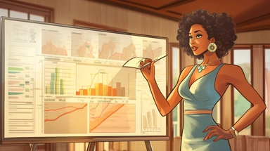 latina business woman showing graphics in a board, vintage colors, 32k, bokeh, spring, chart design, coby whitmore, modernismo, transitional interior design, elegant outfit, cartoon, sublimation, clipart