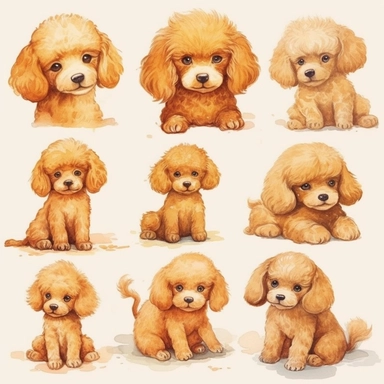 Cute baby Poodle clipart set,8k,realistic skin, digital painting, happy expression, running pose, FLUFFY FUR,side view, in the style of watercolor cartoon clipart, kate greenaway style,high resolution, composition free space, vibrant color scheme, watercolour clipart,isolated white background, clipart most popular on etsy, book illustration, featured on dribble,print on demand image, PNG tranparent background,composition medium shot, no text