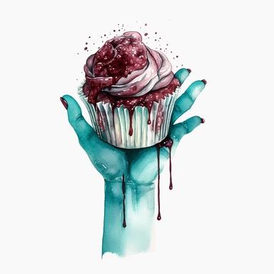 Hand drawn cupcake, teal wrapper, burgundy frosting, zombie hand reaching out of cupcake, shades of teal and burgundy, goth, glamorous, Halloween, very detailed and realistic, watercolor, white background with margins, clipart style