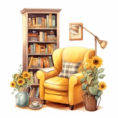 pastel watercolor clipart, cozy reading nook with a plush armchair, bookshelves, and a warm reading lamp, sunflowers, light aesthetic, detailed, UHD, 8K, 3D, solid white background