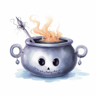 , A watercolor painting of cute Halloween cauldron, cute detailed digital art, inspired by nicoletta ceccoli, by Kubisi art, whimsical and cute, by nicoletta ceccoli, cute detailed artwork, glimmering, adorable and whimsical, whimsical art, Clipart style, png style, svg style, blank white background, a solid white background