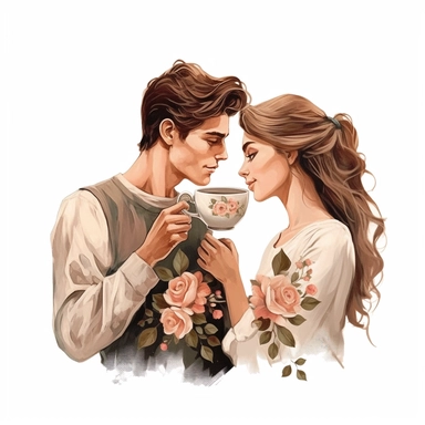 beauty couple drinking coffee, vintage cups, flower digital clipart on white background