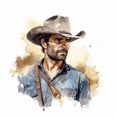 beautiful stunning handsome vintage cowboy man, tarot style, paint art style, clipart, white background, superrealistic, one of a kind