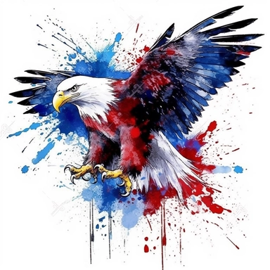 Patriotic Bald Eagle, painted red white blue feathers, paint splash, perched on a branch highly detailed, 32k, isolated on a white background, clipart