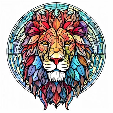 Vintage Colorful Beautiful Stained glass lion Sublimation Clipart,Cartoon, hyper realistic, intricate detail, illustration style,high solution,on the white background
