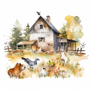 watercolor farm house clipart with meadow and some animals, white background, no comment, 8k