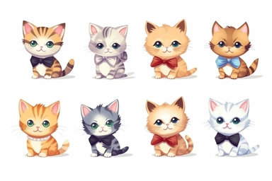 9 sets of a cute baby kitten Munchkin, smile,round face,round head,Wearing a flower bow tie,different poses,different breeds, clipart, isolated on white background, spaced out,