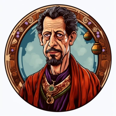 an Arab Indian fantasy handsome medieval merchant lord, resembling a combination of Tony Shalhoub Jeff Goldblum and Hugh Grant, handpainted enamel punk film poster, clipart illustration, circle solid background