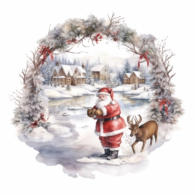 vintage design, christmas theme Watercolor Cute santa claus wearing Clipart Collection in beautiful winter landscape with a lot of snow and a small lake, advent wreath around, christmas theme, detailed, isolated, white background, one pattern