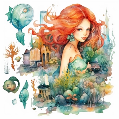 ariel underwater world watercolor clipart