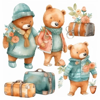 traveling bears clipart set, in the style of light orange and dark aquamarine, whimsical floral scenes, realistic watercolor paintings, plush doll art, transparent layers, textured shading, pastel tones, vector, illustration, on white background