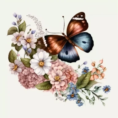 beautiful butterfly with flowers watercolor clipart illustration, transparent background