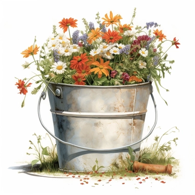 106340 watercolor for a clipart with a white background of wildflowers growing in a rusty metal bucket, hyperrealism, painted by Bo Bartlett