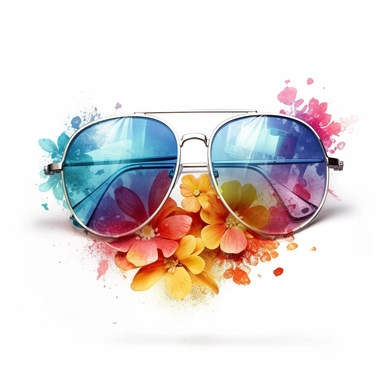 create a clipart featuring a pair of floral aviator mirrored sunglasses, a straight view, a mix of vibrant and pastel colors, rainbow colors, watercolor, against a white background, detailed