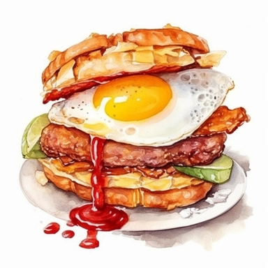 Breakfast Burger Ground beef, bacon, fried egg, cheddar cheese, hash brown, ketchup, brioche bun ,clipart water color, white background, 8k