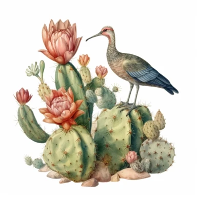 cactus and ibis,by Maria Sibylla Merian ,4k, isolated white background, watercolor, clipart