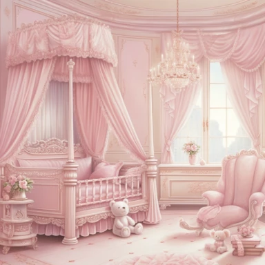 panoramic view, full view, beautiful elegant royal baby girl nursery room drawing painting, frilly, romantic, fantasy, ethereal, light pink and white colors, beautiful crib with beautiful full flowing canopy, beautiful bling crystal chandelier, soft pink teddy bear, beautiful large Victorian style window with beautiful pink flowing drapes, faux fur rug, sharp focus, high detail, 8k, illustration clipart style, transparent background