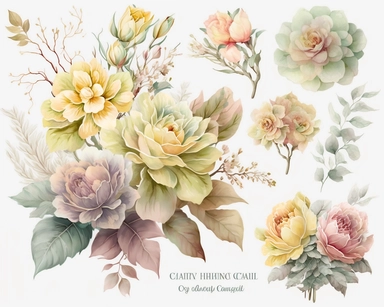 soft colorful pastel colored floral arrangement clipart, soft and subtle, colorful fairy pastel colors watercolor style, fawncore, pastel roses only, dreamy green and yellow pastel colors, muted pastel colors, plain white background, use of fabric, excellent depth of shading in soft watercolor style, watercolor artwork, plain white background for transparent editing