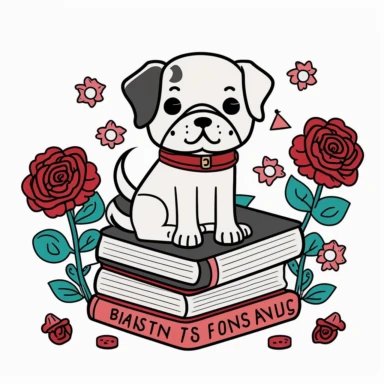 a dog sitting on a pile of books and roses, with the words Reading with my best friend on Sant Jordi! cute, clipart, flat 2d vector, minimalist, black and white, kids cartoon, svg cut file, line art drawing
