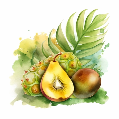 Illustrate a watercolor clipart image of a single kiwi fruit, set against a background of lush green foliage and other tropical fruits, such as pineapples and mangoes. T ,watercolor, vector, contour, white background.
