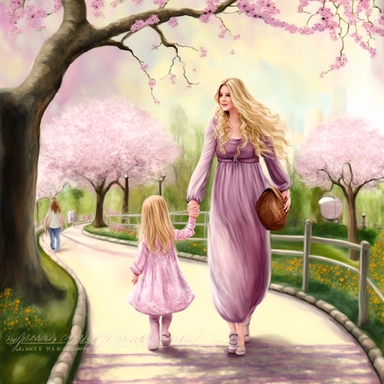 beautiful young pregnant mother with long beautiful blonde hair and toddler daughter with beautiful long auburn hair holding hands walking in park, flowering trees, path lined with benches, highly detailed, realistic, fantasy, ethereal, pink, purple and lilac, soft colors, sharp focus, clipart style