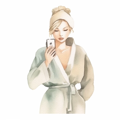 a feminine minimal watercolor sticker of a woman taking a selfie in a bathrobe. Watercolor. Clipart. Neutral color palette. White background. Artistic illustration. Minimal. Texture Paper. Hand-drawn.