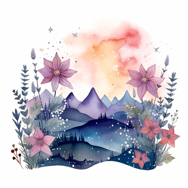 watercolor stars at twilight over flowers illustration clipart, in the style of use of boho tones, intricate storytelling, boho color palette, rounded, ephemeral installations, elaborate borders, romanticized depictions of wilderness, clipart, blank white background